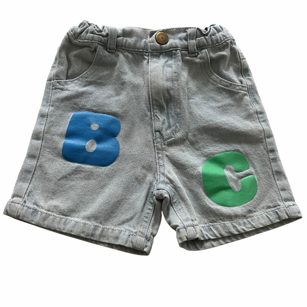 Bobo Choses Light Blue Denim Bermuda Shorts Colorful Patchwork Playful Statement